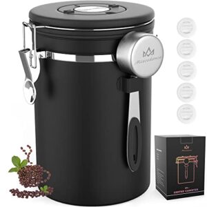 miscedence coffee canister for ground coffee with scoop date tracker one way co2 valve 304 stainless steel kitchen food airtight storage container for coffee beans,grounds,tea,sugar (black, 22oz)