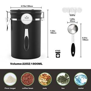 Miscedence Coffee canister for ground coffee with Scoop Date Tracker One Way Co2 Valve 304 Stainless Steel Kitchen Food Airtight storage container for Coffee Beans,Grounds,Tea,Sugar (Black, 22oz)