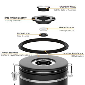 Miscedence Coffee canister for ground coffee with Scoop Date Tracker One Way Co2 Valve 304 Stainless Steel Kitchen Food Airtight storage container for Coffee Beans,Grounds,Tea,Sugar (Black, 22oz)