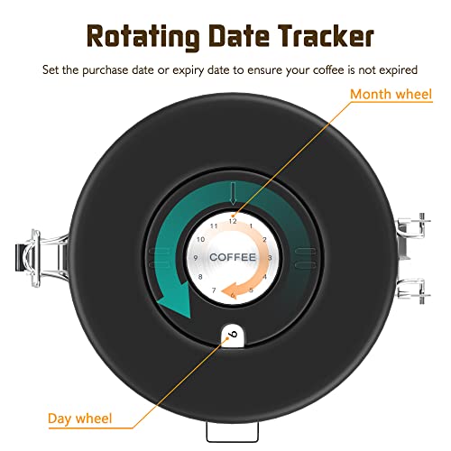 Miscedence Coffee canister for ground coffee with Scoop Date Tracker One Way Co2 Valve 304 Stainless Steel Kitchen Food Airtight storage container for Coffee Beans,Grounds,Tea,Sugar (Black, 22oz)