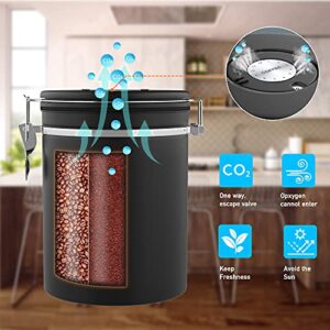 Miscedence Coffee canister for ground coffee with Scoop Date Tracker One Way Co2 Valve 304 Stainless Steel Kitchen Food Airtight storage container for Coffee Beans,Grounds,Tea,Sugar (Black, 22oz)