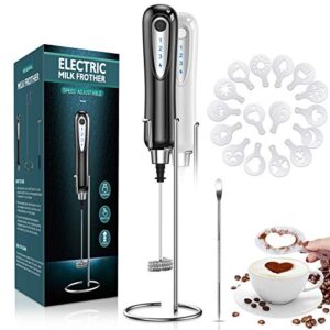 zebre electric milk frother, handheld rechargeable 3 speed foam maker blender mixer with durable stainless stand for coffee, latte, cappuccino, hot chocolate, black