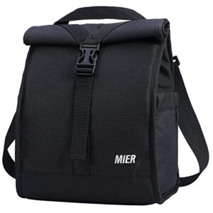 mier insulated lunch bag roll top lunch box for women men adults foldable rolltop lunch tote with shoulder strap for work office picnic, water bottle holder, black