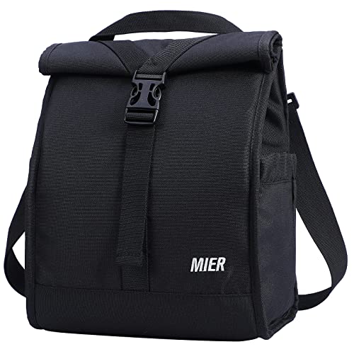 MIER Insulated Lunch Bag Roll Top Lunch Box for Women Men Adults Foldable Rolltop Lunch Tote with Shoulder Strap for Work Office Picnic, Water Bottle Holder, Black