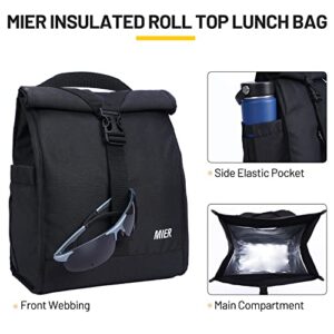 MIER Insulated Lunch Bag Roll Top Lunch Box for Women Men Adults Foldable Rolltop Lunch Tote with Shoulder Strap for Work Office Picnic, Water Bottle Holder, Black