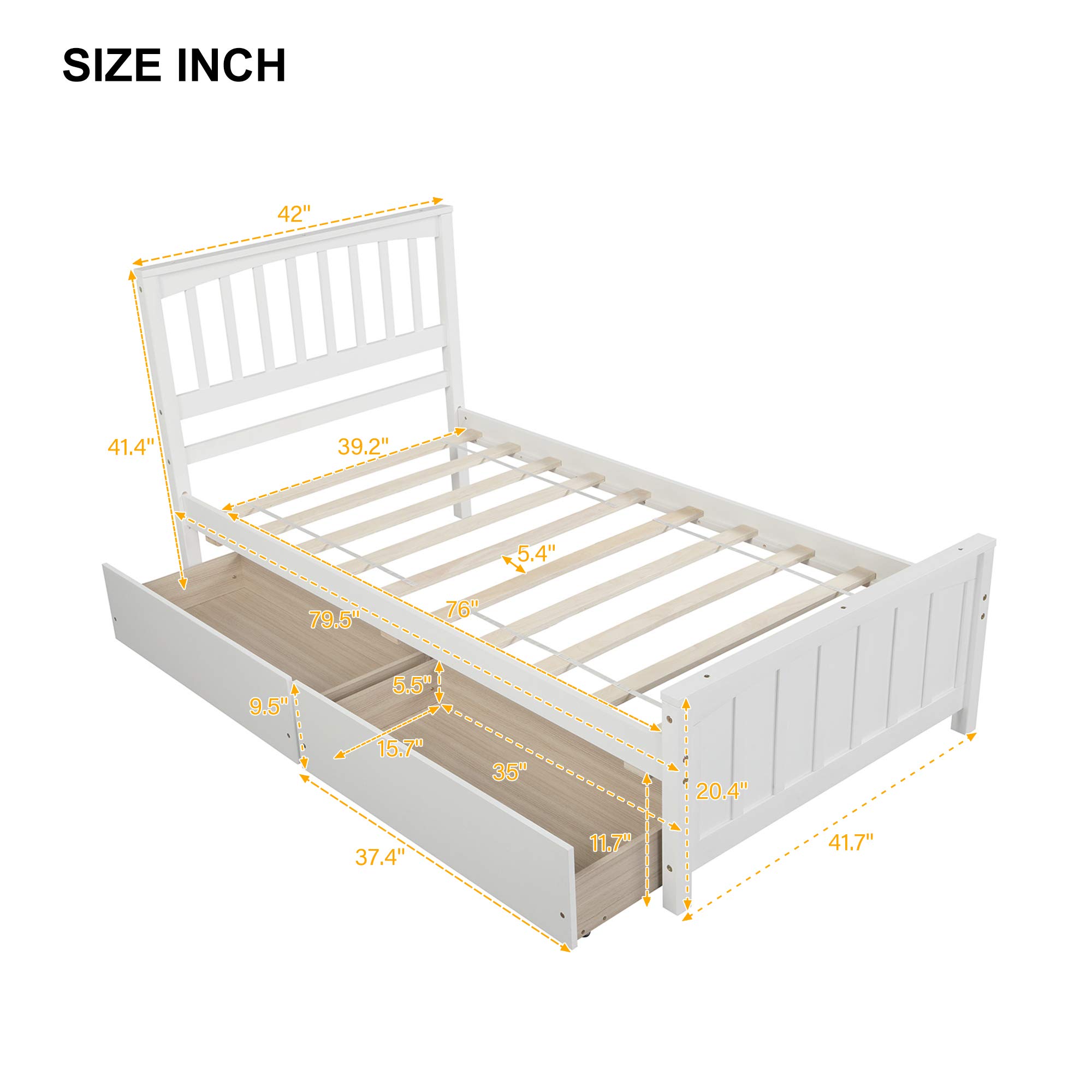 Harper & Bright Designs Twin Bed Frame with Storage, Solid Wood Platform Bed Frame with 2 Drawers, Headboard for Kids, Teen, Adults, No Box Spring Needed, White