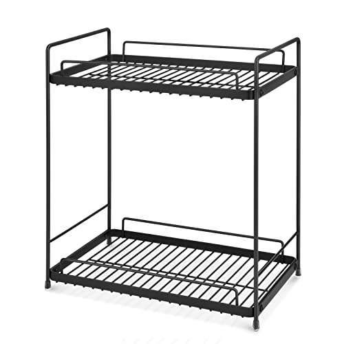 mahueeol Bathroom Organizer For countertop, 2-Tier Cosmetic&Makeup Holder Vanity Rack, Detachable Standing Rack Kitchen Cabinet Spice Rack, Metal Bathroom Shelf Shower Caddy,Black