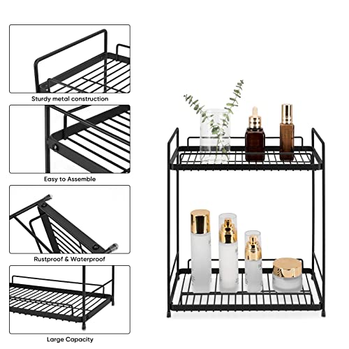 mahueeol Bathroom Organizer For countertop, 2-Tier Cosmetic&Makeup Holder Vanity Rack, Detachable Standing Rack Kitchen Cabinet Spice Rack, Metal Bathroom Shelf Shower Caddy,Black