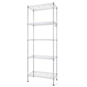 amzoom 5-tier steel wire shelving unit, adjustable metal shelves, stainless steel storage rack with hooks and leveling feet, suitable for living room bathroom garage kitchen pantry (silver)