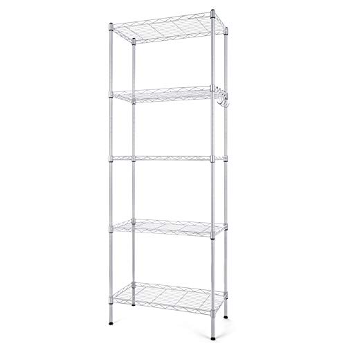 AMZOOM 5-Tier Steel Wire Shelving Unit, Adjustable Metal Shelves, Stainless Steel Storage Rack with Hooks and Leveling Feet, Suitable for Living Room Bathroom Garage Kitchen Pantry (Silver)