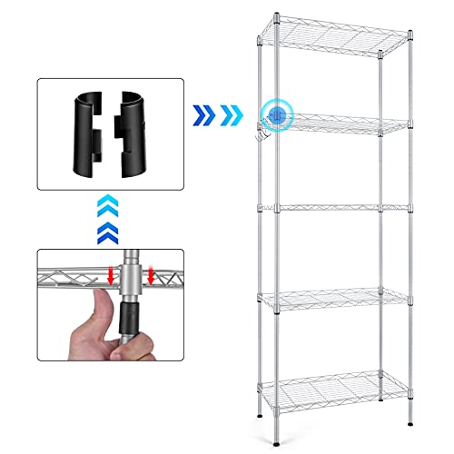 AMZOOM 5-Tier Steel Wire Shelving Unit, Adjustable Metal Shelves, Stainless Steel Storage Rack with Hooks and Leveling Feet, Suitable for Living Room Bathroom Garage Kitchen Pantry (Silver)