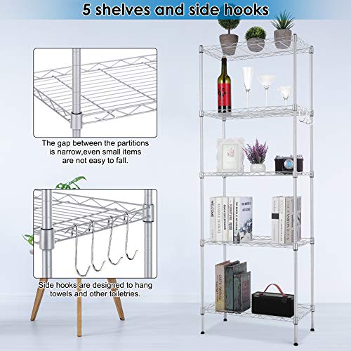 AMZOOM 5-Tier Steel Wire Shelving Unit, Adjustable Metal Shelves, Stainless Steel Storage Rack with Hooks and Leveling Feet, Suitable for Living Room Bathroom Garage Kitchen Pantry (Silver)