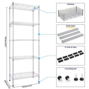 AMZOOM 5-Tier Steel Wire Shelving Unit, Adjustable Metal Shelves, Stainless Steel Storage Rack with Hooks and Leveling Feet, Suitable for Living Room Bathroom Garage Kitchen Pantry (Silver)