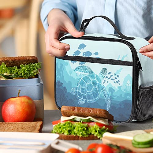 Sea Ocean Turtles Bule Lunch Box with Detachable Buckle Hand Strap, Large Capacity Lunch Bag Durable Lunch Tote Bag for Travel Women Men Girls Boys (Sea Turtles)