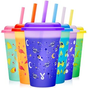 Meoky Color Changing Reusable Cute Cups with Lids and Straws Bulk - 6 Pack 12 oz Plastic Tumblers for Kids Girls Boys Party Smoothie (Childhood)