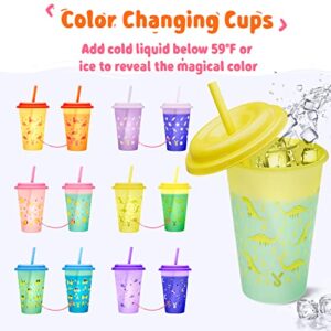 Meoky Color Changing Reusable Cute Cups with Lids and Straws Bulk - 6 Pack 12 oz Plastic Tumblers for Kids Girls Boys Party Smoothie (Childhood)