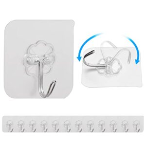 small adhesive hooks waterproof heavy duty sticky hooks 13.2lb(max), transparent reusable seamless plastic wall hooks, kitchen bathroom oilproof ceiling nail free improvement sticky hook 12 pack