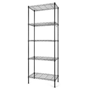 amzoom 5-tier steel wire shelving unit, adjustable metal shelves, stainless steel storage rack with hooks and leveling feet, suitable for living room bathroom garage kitchen pantry (black)
