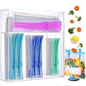clear storage bag organizer for drawer or wall with baggy rack holder, plastic bag holder, acrylic plastic bag organizer for slider quart bags, sandwich bag organizer and compatible with ziplock bags