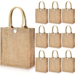 10 pcs burlap tote bags with handles and button reusable grocery bags blank bridesmaid gift bags for shopping wedding party beach favors, 11 x 9.4 x 4 inch (khaki)