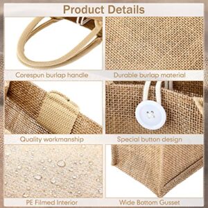 10 Pcs Burlap Tote Bags with Handles and Button Reusable Grocery Bags Blank Bridesmaid Gift Bags for Shopping Wedding Party Beach Favors, 11 x 9.4 x 4 Inch (Khaki)