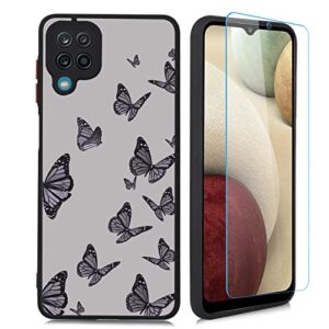 kanghar designed for samsung galaxy a12 black butterfly case for women girls with screen protector protective translucent matte soft tpu bumper pattern design hard pc back