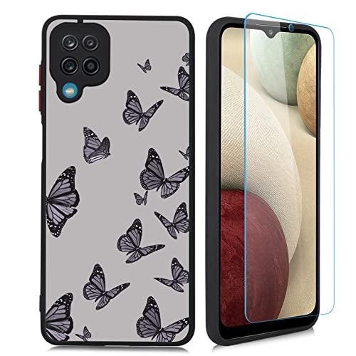 KANGHAR Designed for Samsung Galaxy A12 Black Butterfly Case for Women Girls with Screen Protector Protective Translucent Matte Soft TPU Bumper Pattern Design Hard PC Back