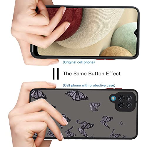 KANGHAR Designed for Samsung Galaxy A12 Black Butterfly Case for Women Girls with Screen Protector Protective Translucent Matte Soft TPU Bumper Pattern Design Hard PC Back