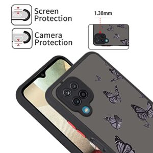 KANGHAR Designed for Samsung Galaxy A12 Black Butterfly Case for Women Girls with Screen Protector Protective Translucent Matte Soft TPU Bumper Pattern Design Hard PC Back