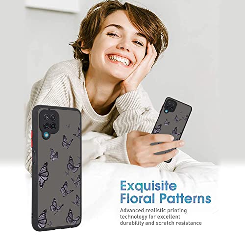 KANGHAR Designed for Samsung Galaxy A12 Black Butterfly Case for Women Girls with Screen Protector Protective Translucent Matte Soft TPU Bumper Pattern Design Hard PC Back