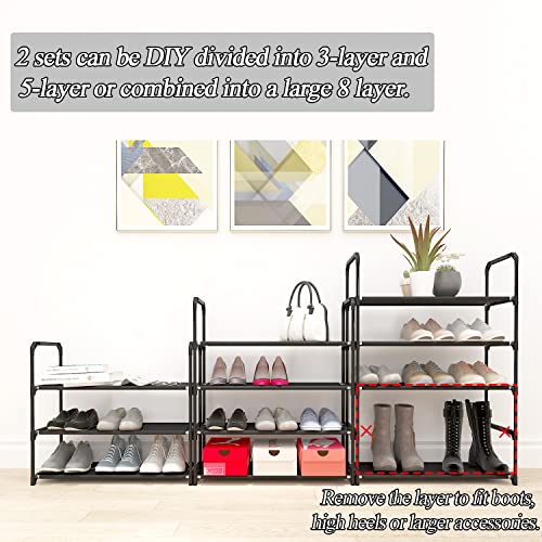 Hockmez Stackable Shoe Rack Organizer 4 Tiers, Expandable & Adjustable Non Woven Fabric Shoe Shelf Storage 12-16 Pairs for Closet Bedroom Entryway （Black）