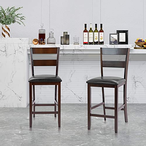 COSTWAY Set of 4 Bar Stools, 25” Counter Height Kitchen Dining Pub Chairs with Soft Padded Seat, PU Leather Cover & Rubber Wood Legs, Suitable for Dining Room, Restaurant & Cafe Store (4)