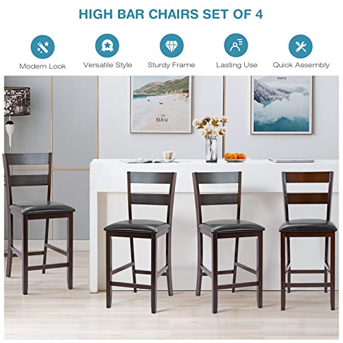 COSTWAY Set of 4 Bar Stools, 25” Counter Height Kitchen Dining Pub Chairs with Soft Padded Seat, PU Leather Cover & Rubber Wood Legs, Suitable for Dining Room, Restaurant & Cafe Store (4)