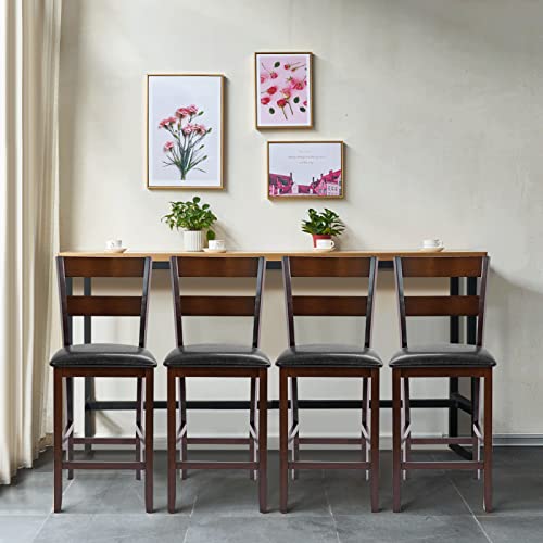 COSTWAY Set of 4 Bar Stools, 25” Counter Height Kitchen Dining Pub Chairs with Soft Padded Seat, PU Leather Cover & Rubber Wood Legs, Suitable for Dining Room, Restaurant & Cafe Store (4)