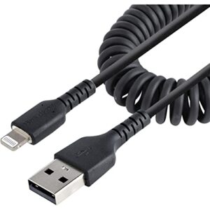 startech.com 50cm (20in) usb to lightning cable, mfi certified, coiled iphone charger cable, black, durable tpe jacket aramid fiber, heavy duty coil lightning cable (rusb2alt50cmbc)
