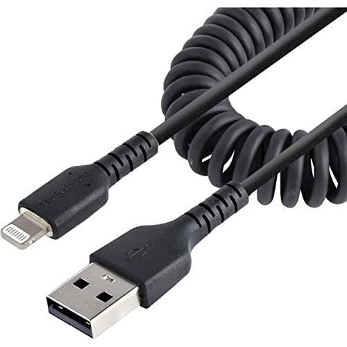 StarTech.com 50cm (20in) USB to Lightning Cable, MFi Certified, Coiled iPhone Charger Cable, Black, Durable TPE Jacket Aramid Fiber, Heavy Duty Coil Lightning Cable (RUSB2ALT50CMBC)