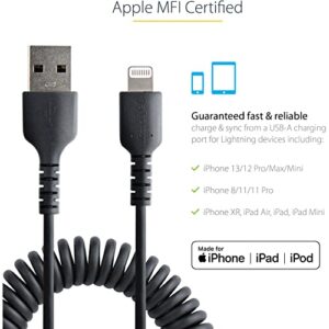 StarTech.com 50cm (20in) USB to Lightning Cable, MFi Certified, Coiled iPhone Charger Cable, Black, Durable TPE Jacket Aramid Fiber, Heavy Duty Coil Lightning Cable (RUSB2ALT50CMBC)