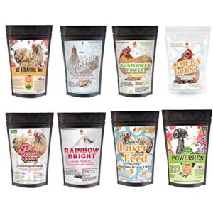 pampered chicken mama chicken treat for hens 10 pounds sampler bundle: 8 different treats in one box! - grubs, dried mealworms, cracked corn, oyster shell, & duck feed