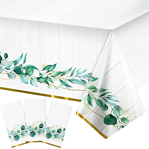 Eucalyptus Leaf Tablecloth Plastic Green Leaves Eucalyptus Table Cover 54 x 108 Inch Disposable Greenery Baby Shower Table Cloths for Home Birthday Wedding Party Supplies Table Decor (3 Pack)