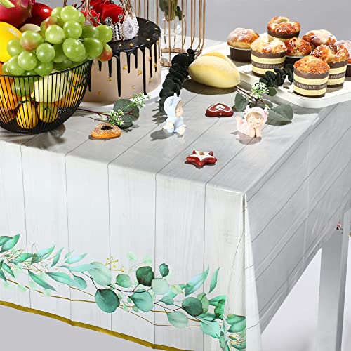 Eucalyptus Leaf Tablecloth Plastic Green Leaves Eucalyptus Table Cover 54 x 108 Inch Disposable Greenery Baby Shower Table Cloths for Home Birthday Wedding Party Supplies Table Decor (3 Pack)