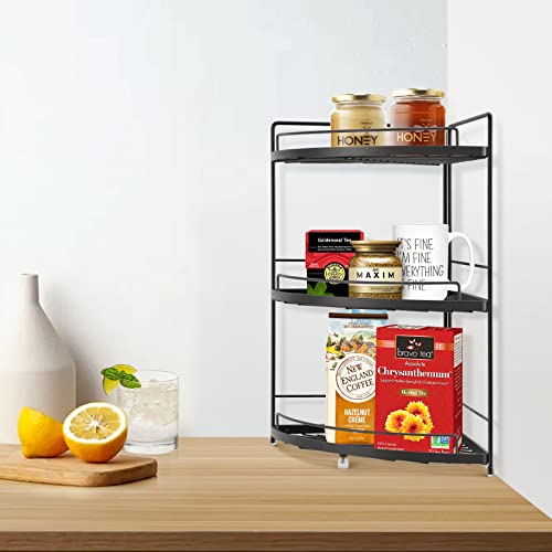 MASALUO 3-Tier Spice Rack for Countertops, Kitchen Countertop Corner Storage Organizer Seasoning Storage Shelf, Black