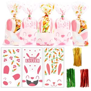 lomimos easter cellophane treat bags,rabbit candy cookie packing bags with twist ties, 90pcs