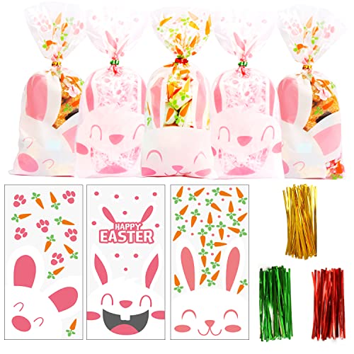 LOMIMOS Easter Cellophane Treat Bags,Rabbit Candy Cookie Packing Bags with Twist Ties, 90pcs