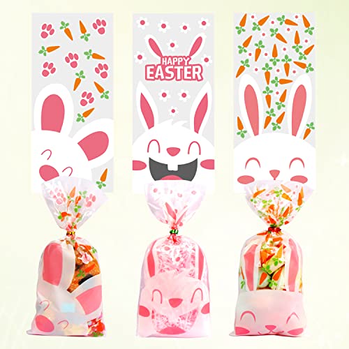 LOMIMOS Easter Cellophane Treat Bags,Rabbit Candy Cookie Packing Bags with Twist Ties, 90pcs