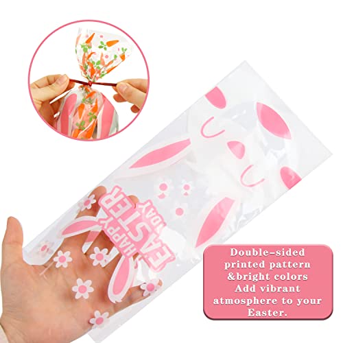 LOMIMOS Easter Cellophane Treat Bags,Rabbit Candy Cookie Packing Bags with Twist Ties, 90pcs