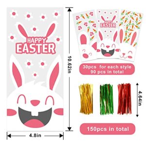 LOMIMOS Easter Cellophane Treat Bags,Rabbit Candy Cookie Packing Bags with Twist Ties, 90pcs