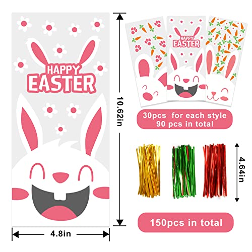 LOMIMOS Easter Cellophane Treat Bags,Rabbit Candy Cookie Packing Bags with Twist Ties, 90pcs