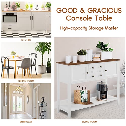 GOOD & GRACIOUS Buffet Sideboard Console Cabinet Narrow Wooden Kitchen Sideboard Table with Bottom Shelf and Storage Drawers White