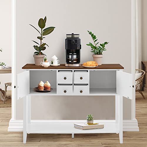 GOOD & GRACIOUS Buffet Sideboard Console Cabinet Narrow Wooden Kitchen Sideboard Table with Bottom Shelf and Storage Drawers White