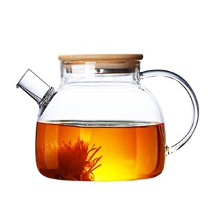 glass teapot, stovetop & microwave safe glass borosilicate teapot, glass teapot with strainer, glass kettle with wooden lid, loose leaf and fruit tea and fragrant tea, 34oz/1000ml (wooden lid)